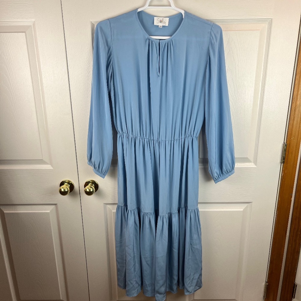 Soler Pauline Tiered Maxi Dress Blue Silk Size XL